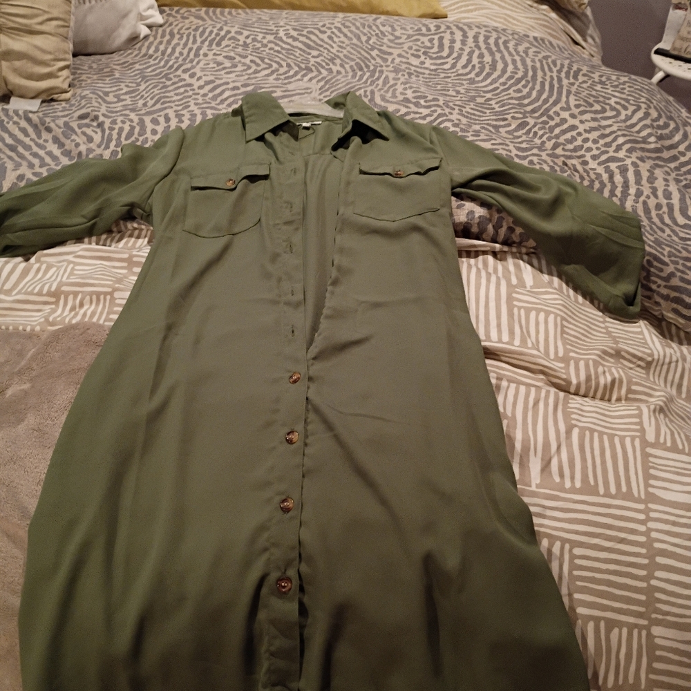 Olive Green Button-Front Shirt Dress